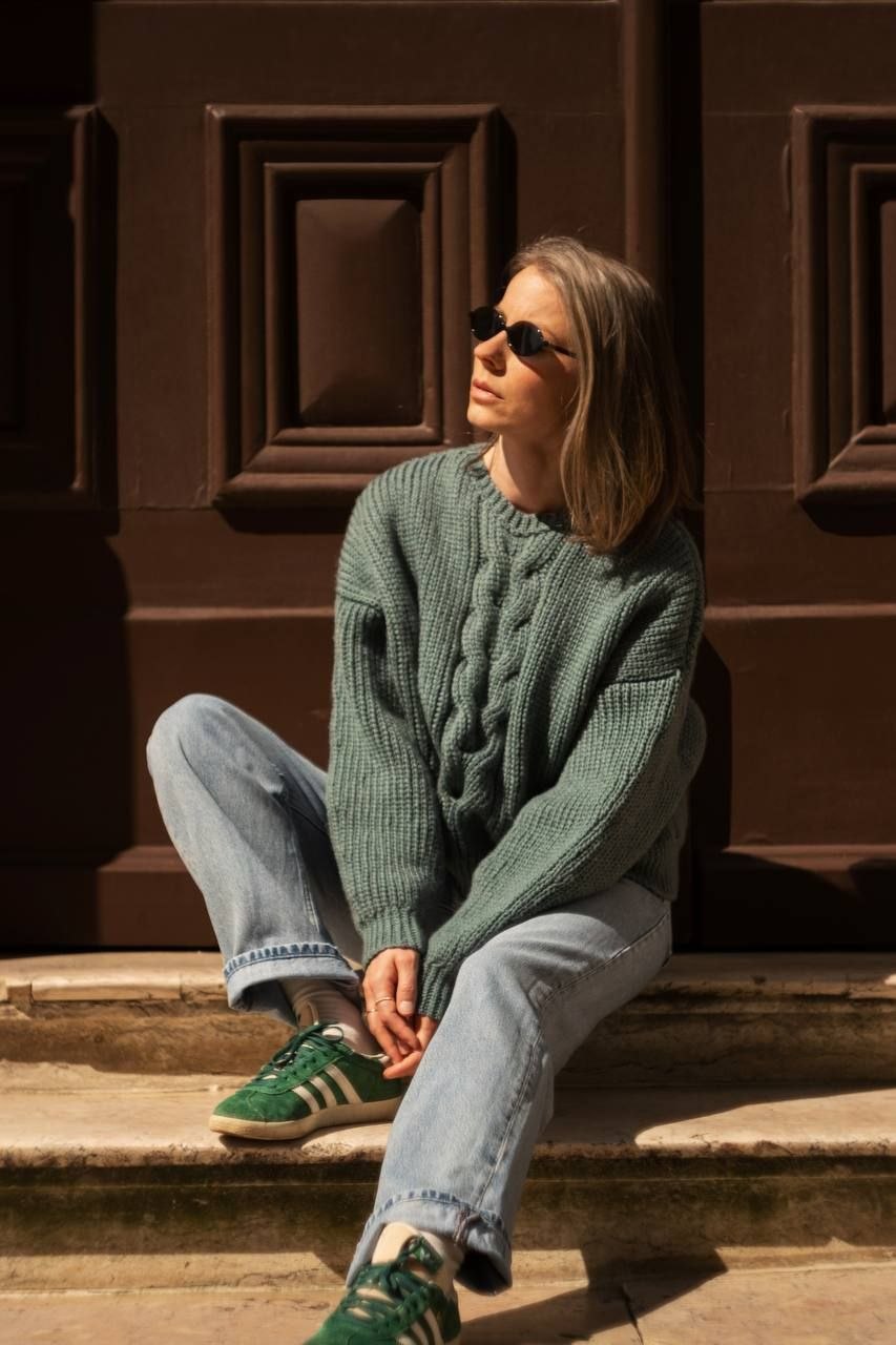 Chunky green cable crochet sweater